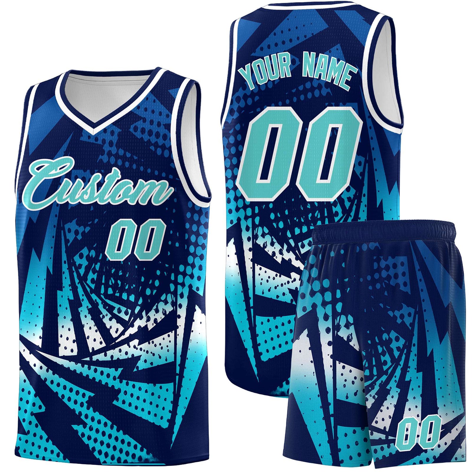 Custom Youth Basketball Jerseys Navy Sky Blue Lightning Halftone Personalized Team Uniforms