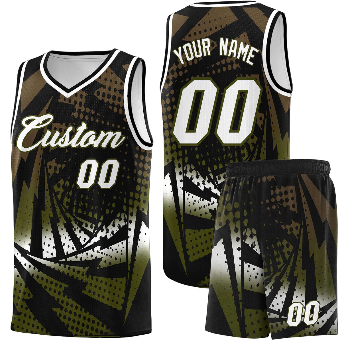 Custom Youth Basketball Jerseys Black Olive Lightning Design Halftone Personalized Uniforms