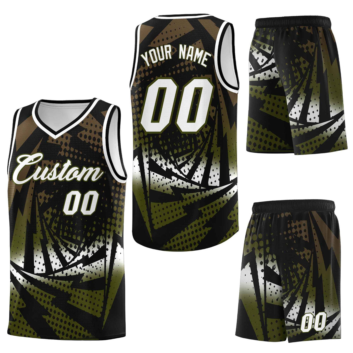 Custom Black Olive Lightning Halftone Dot Design Drapable Uniform Basketball Jersey