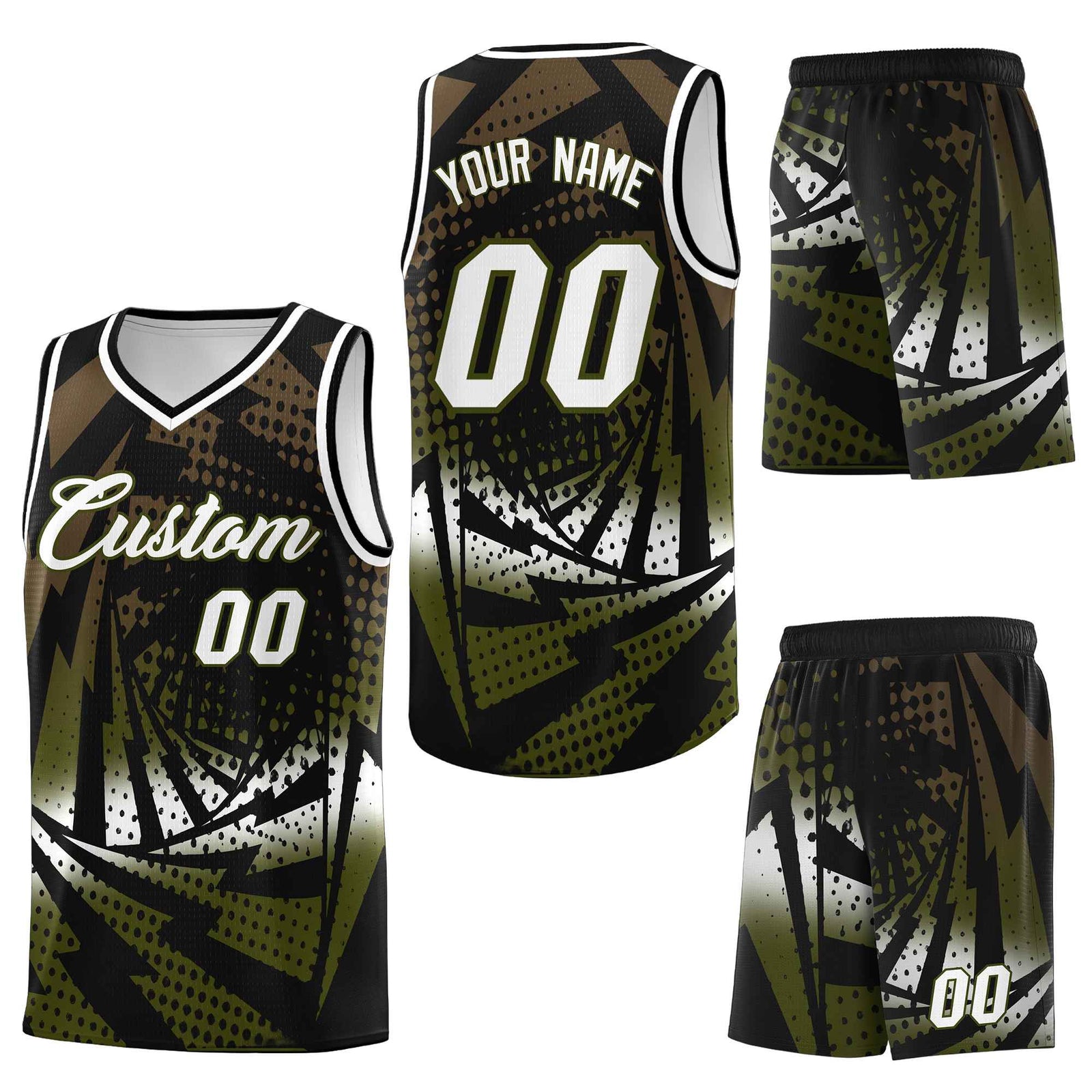 Custom Black Olive Lightning Halftone Dot Design Drapable Uniform Basketball Jersey