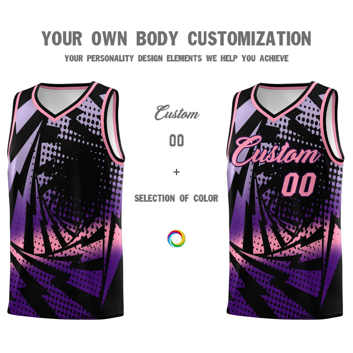 Custom Youth Basketball Jerseys Black Purple Lightning Halftone Personalized Team Uniforms