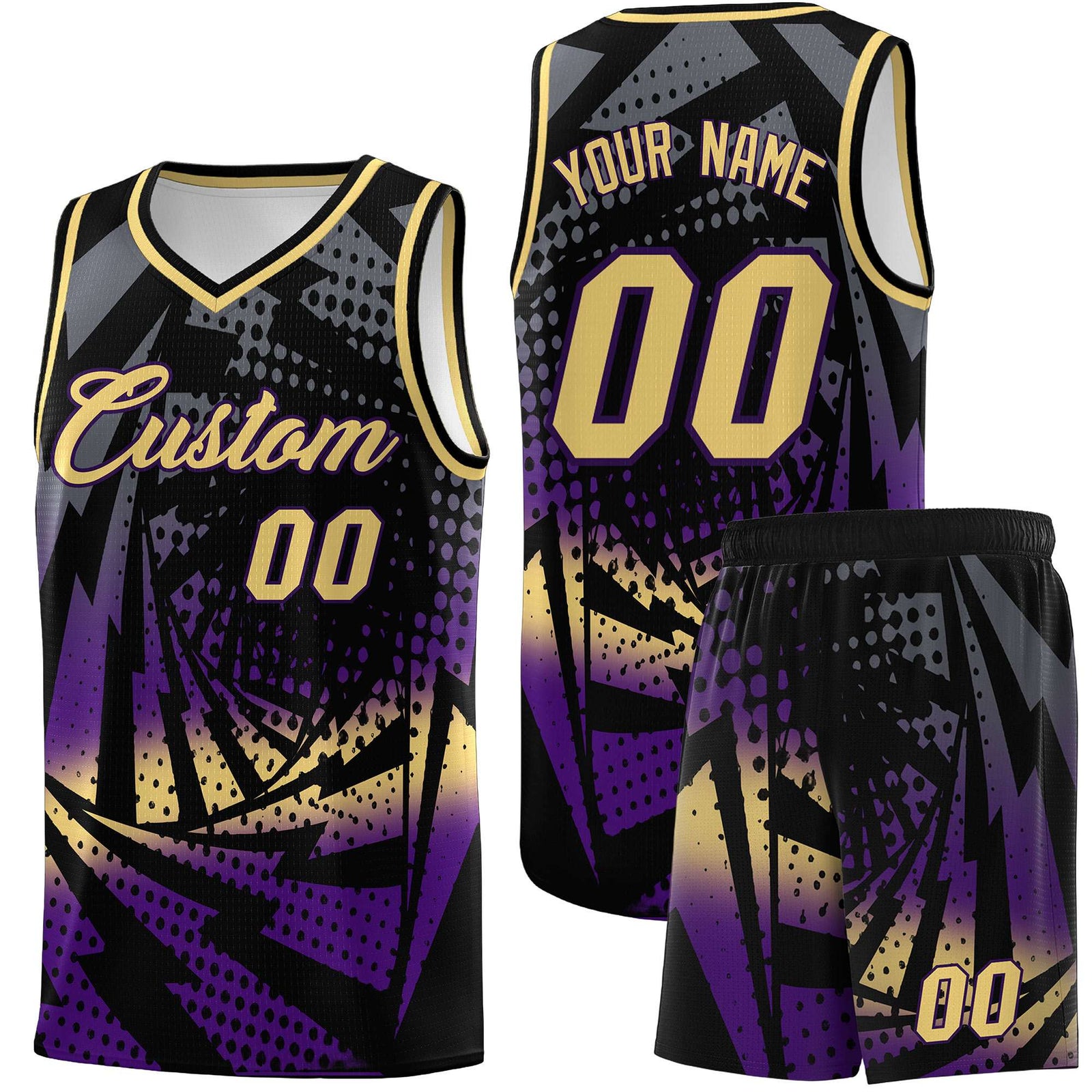 Custom Youth Basketball Jerseys Black Purple Lightning Design Halftone Personalized Uniforms