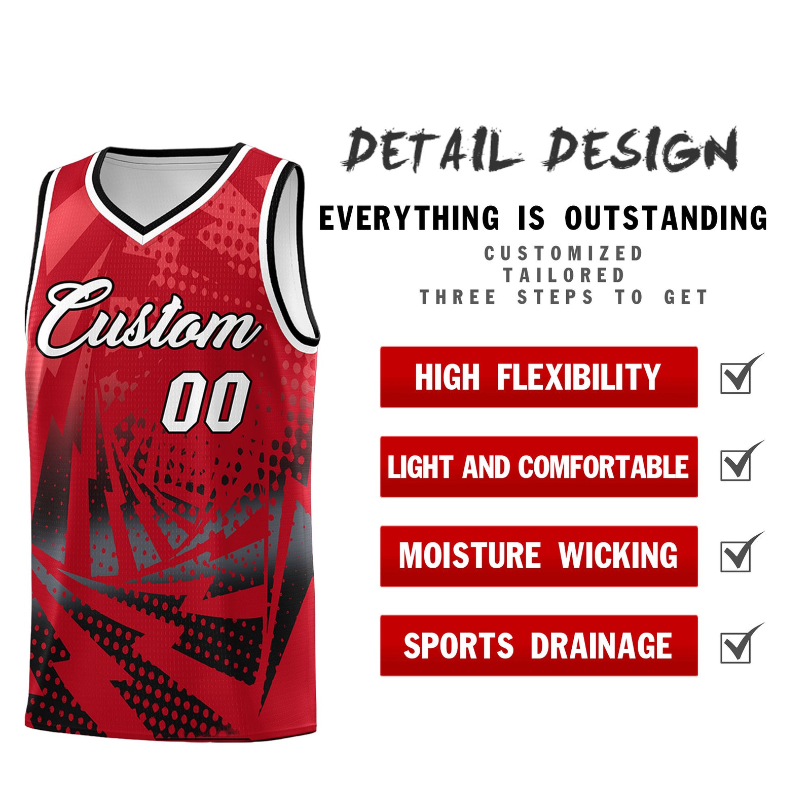 Custom Youth Basketball Jerseys Red Black Lightning Halftone Personalized Team Uniforms