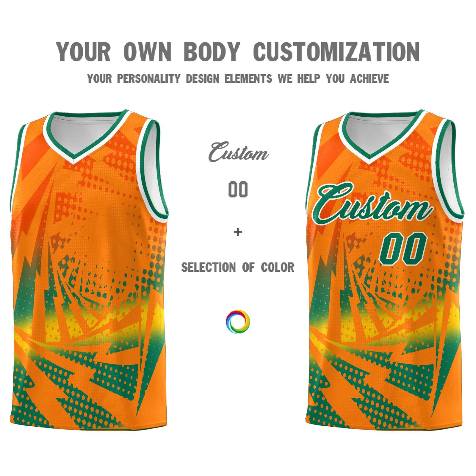 Custom Youth Basketball Jerseys Orange Kelly Green Lightning Design Halftone Personalized Uniforms