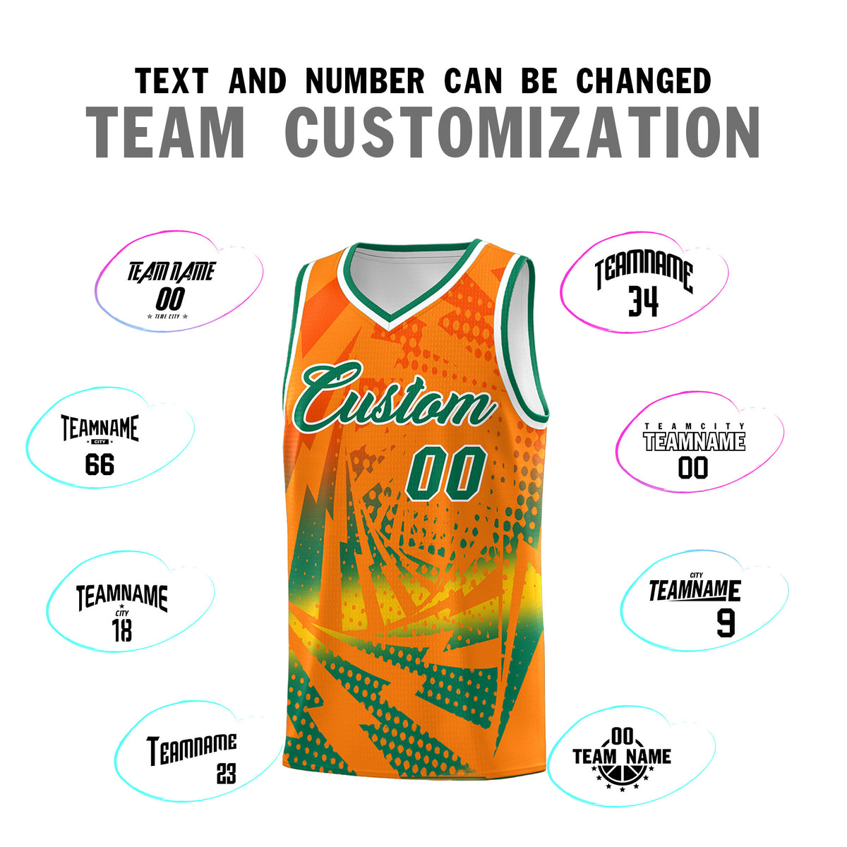 Custom Youth Basketball Jerseys Orange Kelly Green Lightning Design Halftone Personalized Uniforms