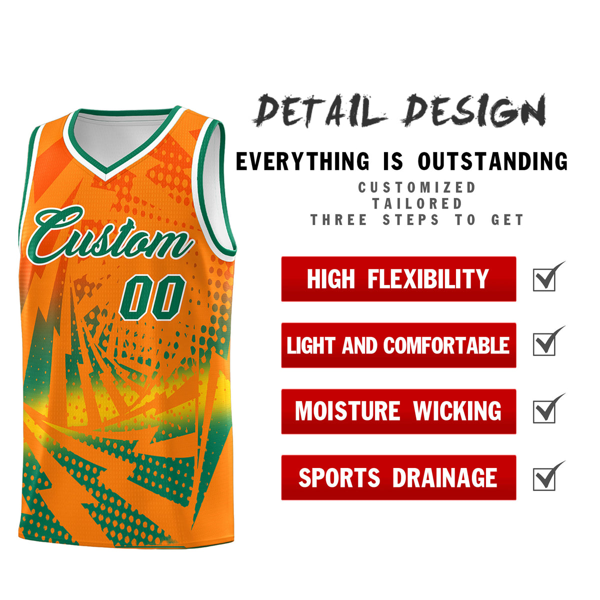Custom Youth Basketball Jerseys Orange Kelly Green Lightning Design Halftone Personalized Uniforms
