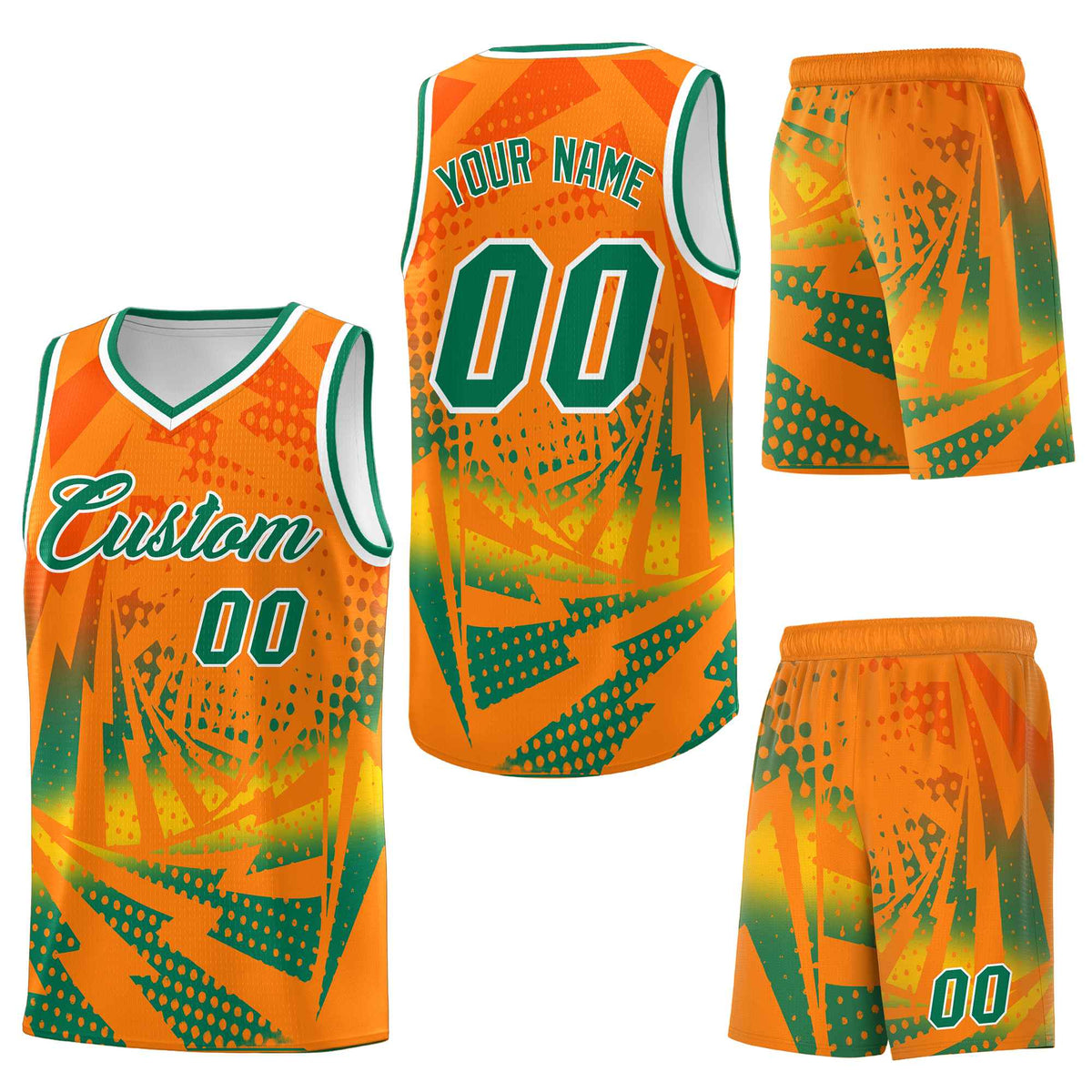 Custom Orange Kelly Green Lightning Halftone Dot Design Breathable Uniform Basketball Jersey
