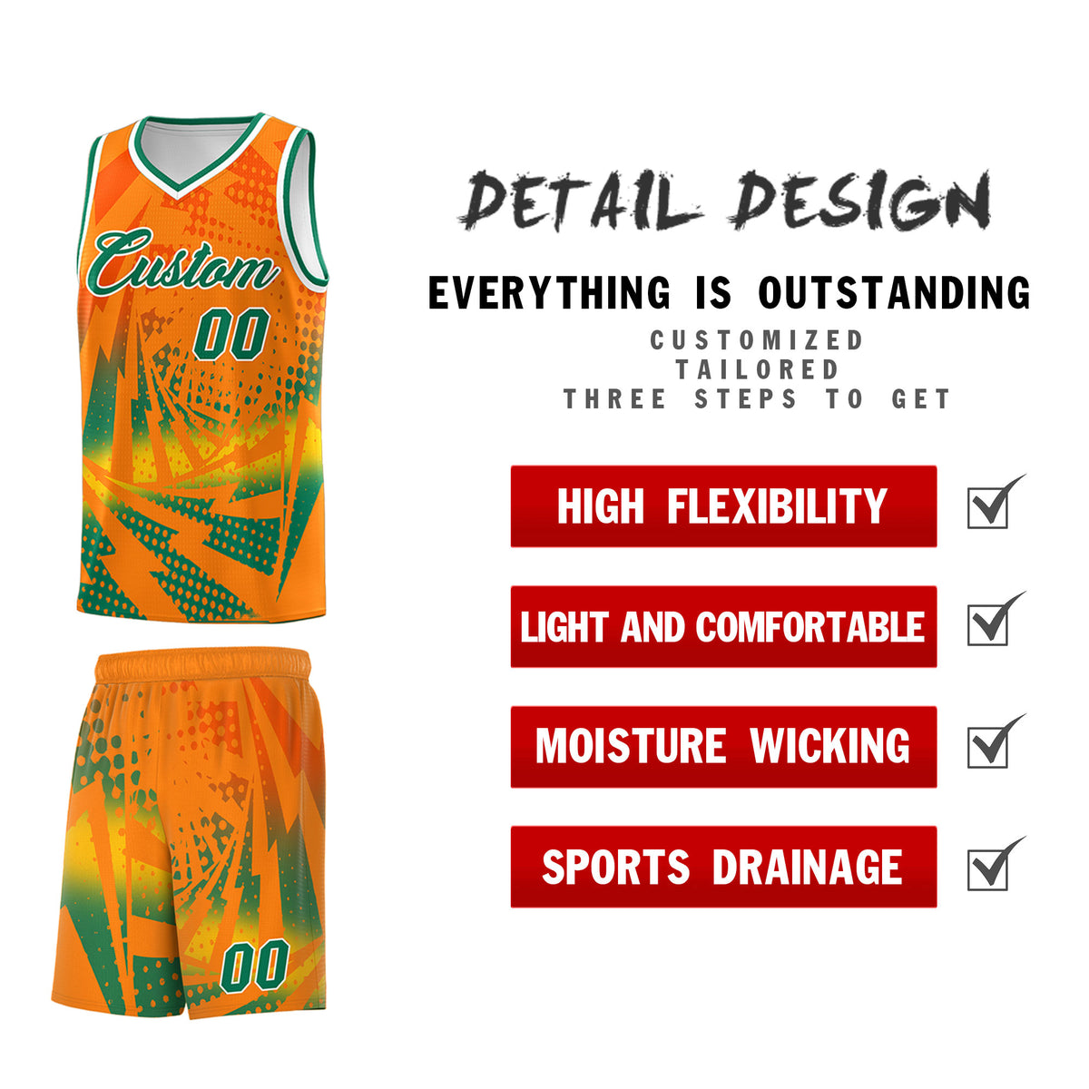 Custom Youth Basketball Jerseys Orange Kelly Green Lightning Design Halftone Personalized Uniforms