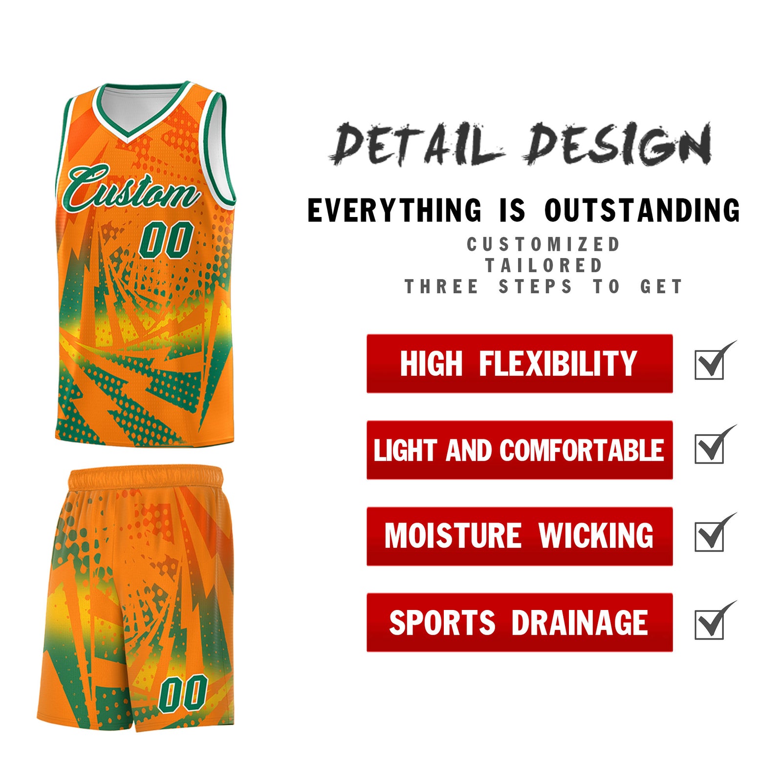 Custom Youth Basketball Jerseys Orange Kelly Green Lightning Design Halftone Personalized Uniforms