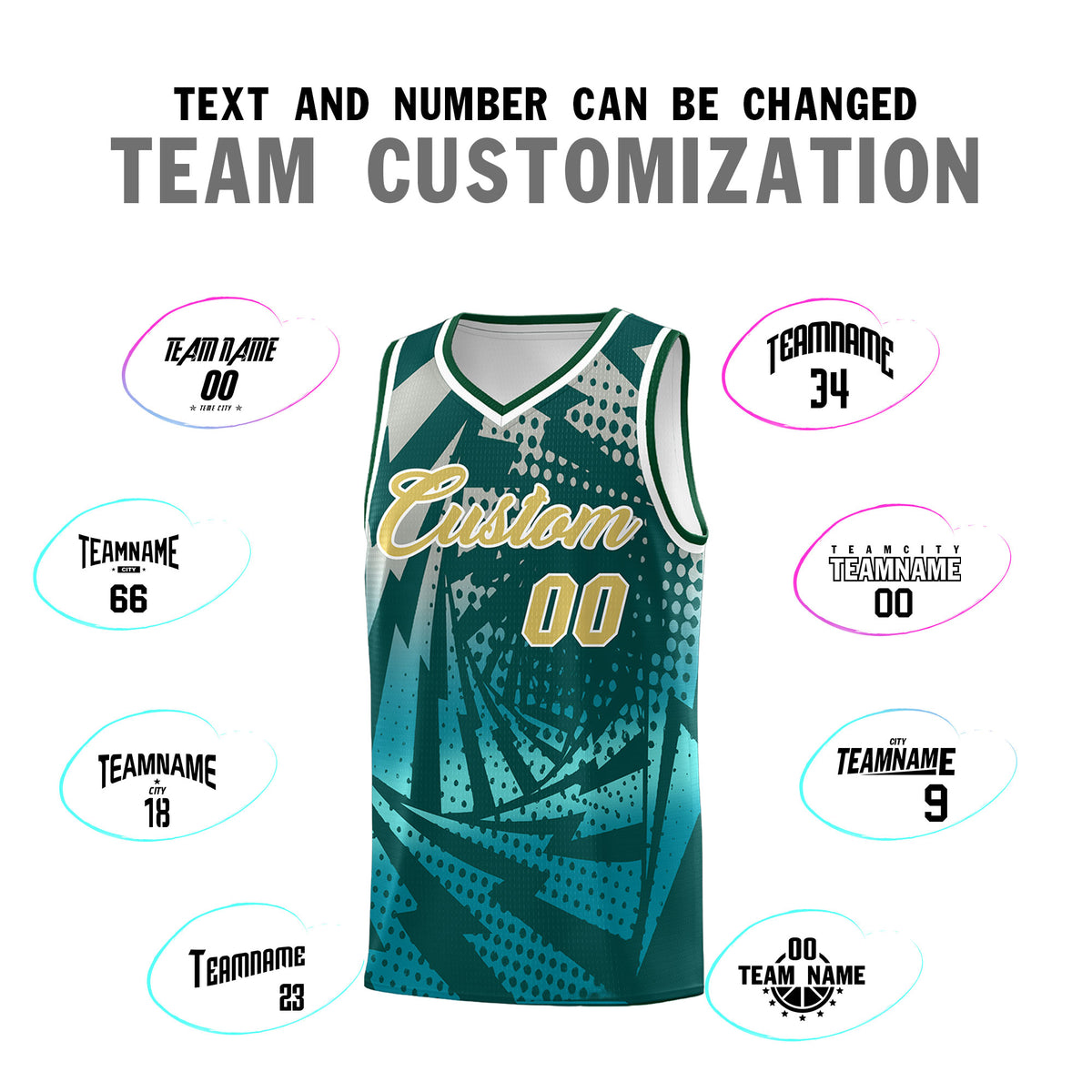 Custom Youth Basketball Jerseys Midnight Green Teal Lightning Halftone Personalized Team Uniforms