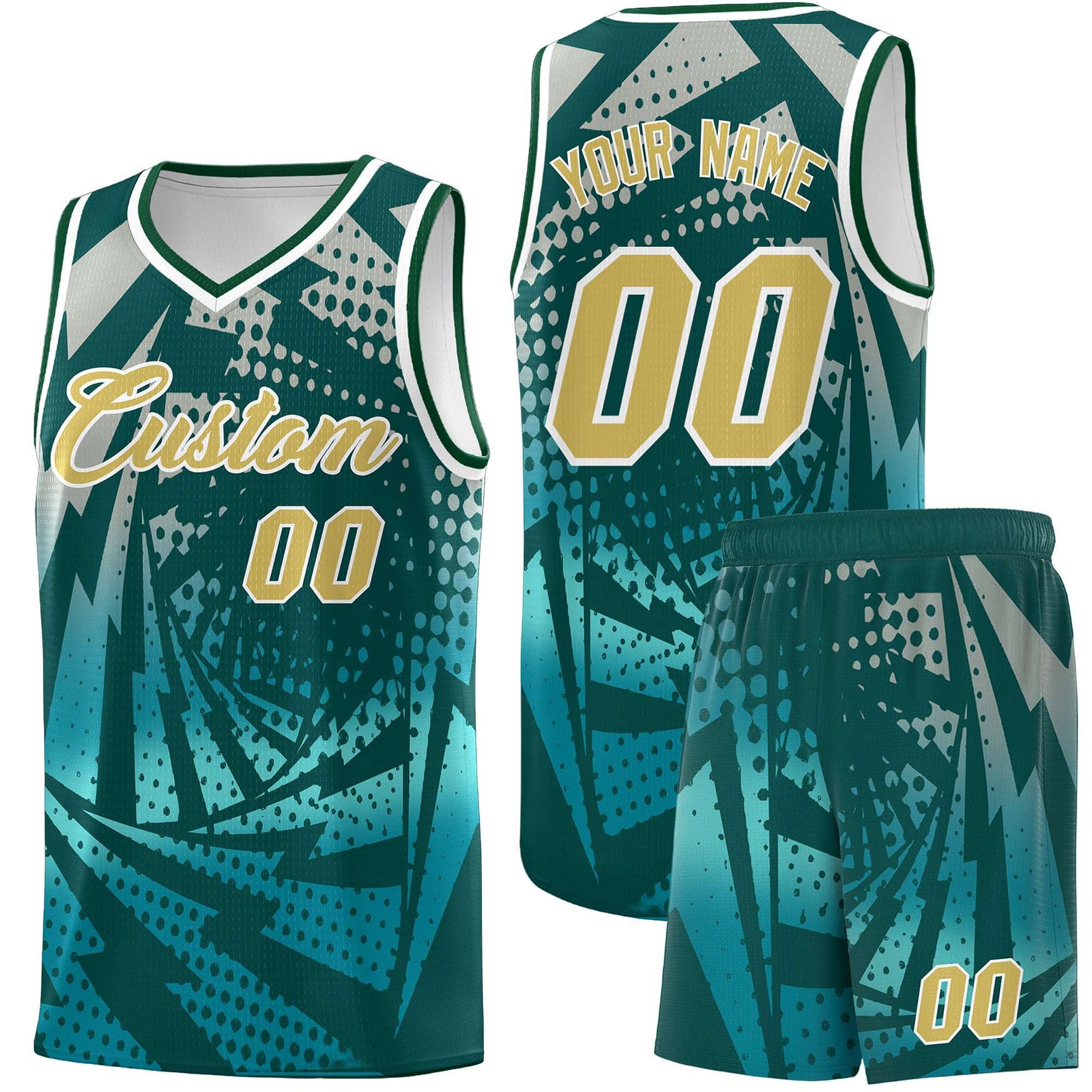 Custom Youth Basketball Jerseys Midnight Green Teal Lightning Halftone Personalized Team Uniforms