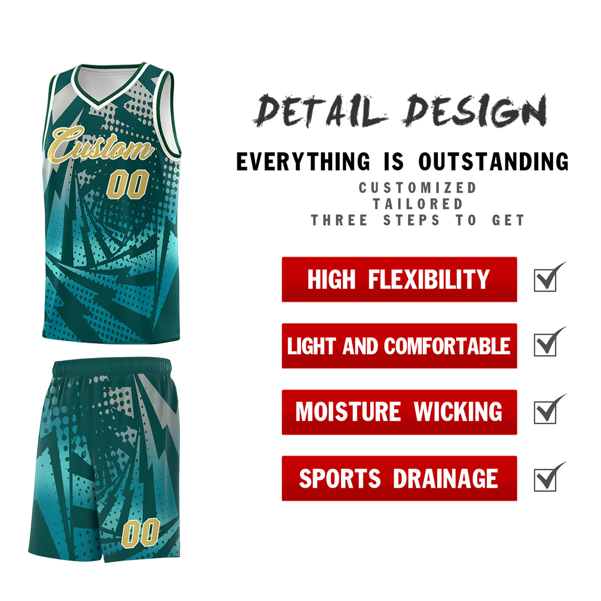 Custom Youth Basketball Jerseys Midnight Green Teal Lightning Halftone Personalized Team Uniforms