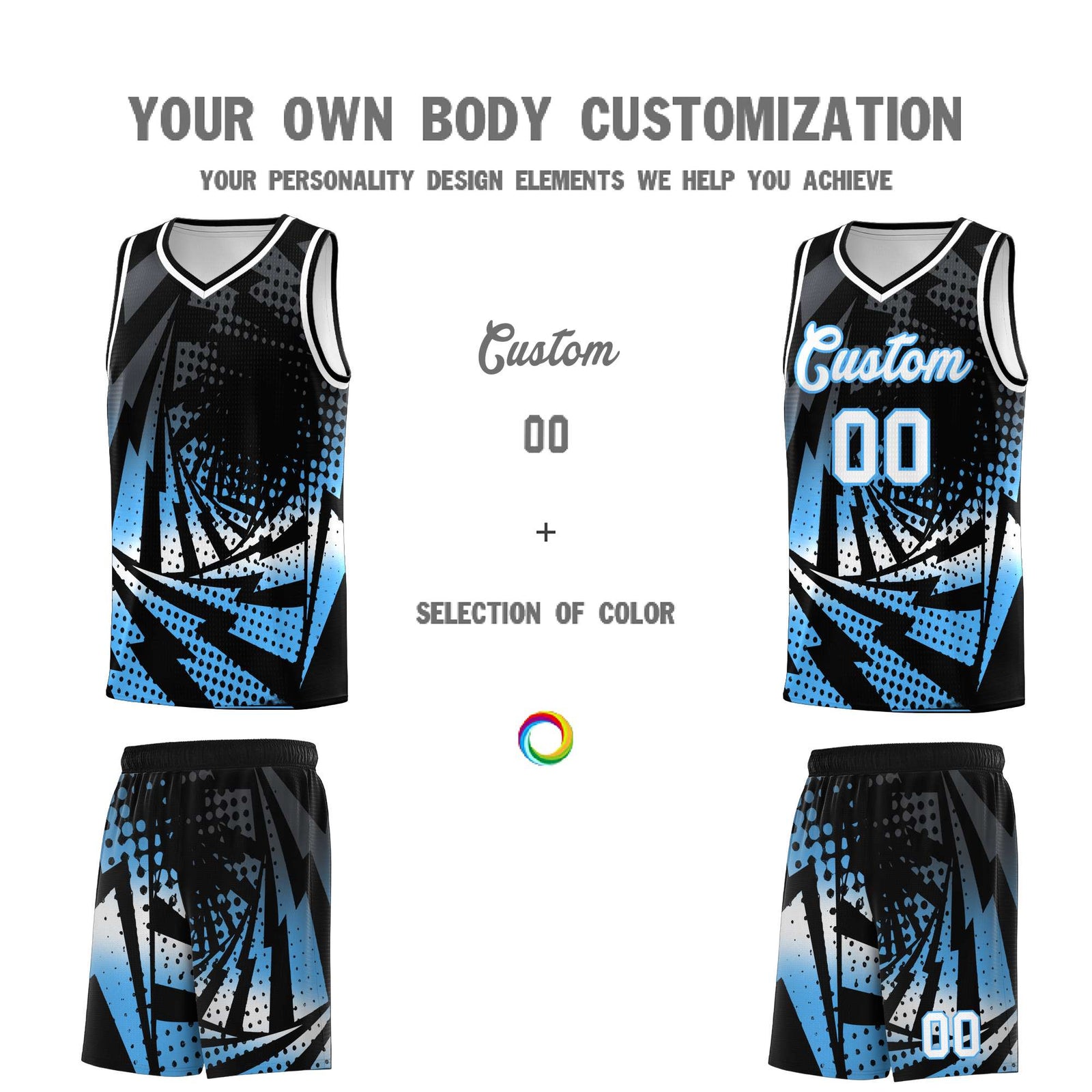 Custom Youth Basketball Jerseys Black Powder Blue Lightning Design Halftone Personalized Uniforms