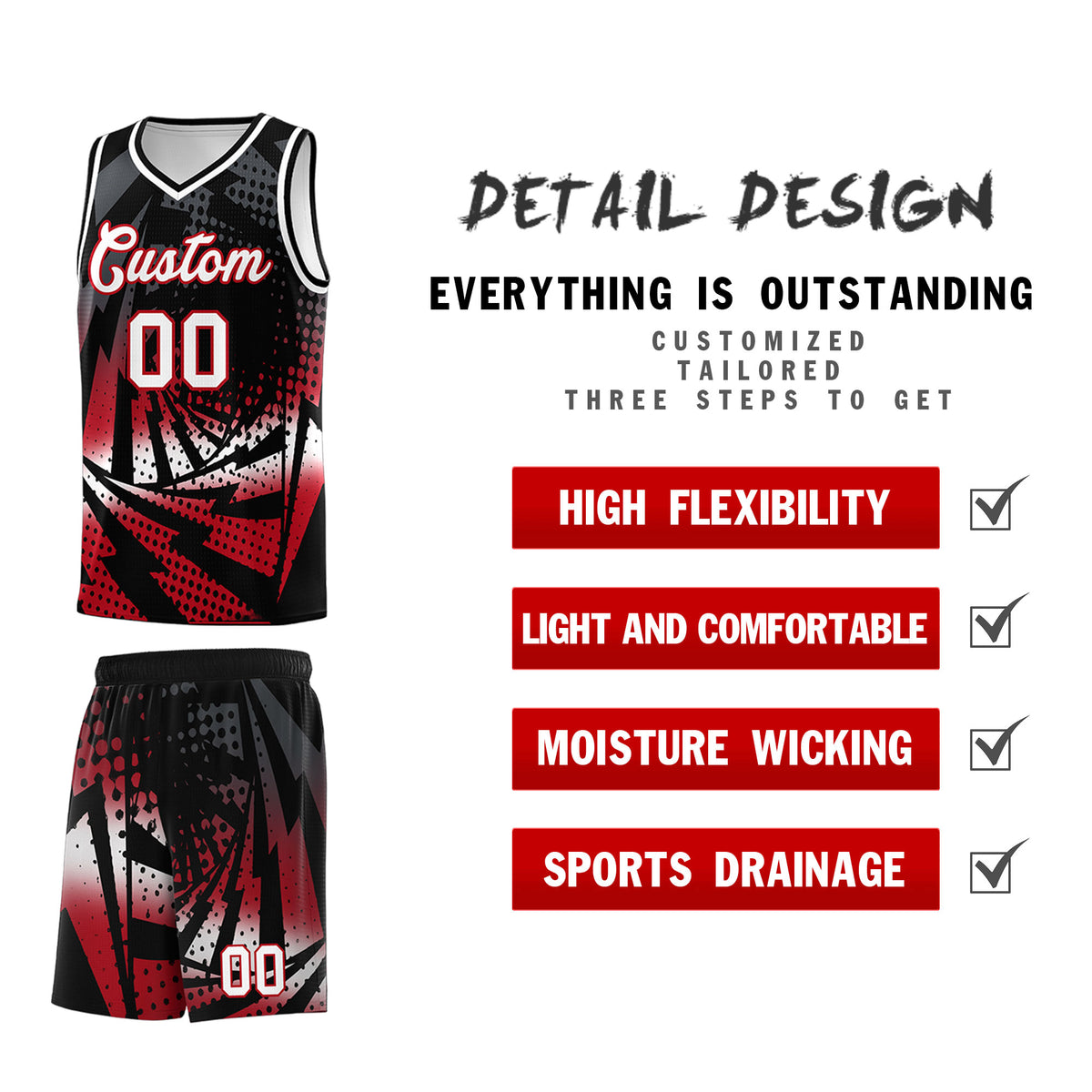 Custom Youth Basketball Jerseys Black Red Lightning Halftone Personalized Team Uniforms
