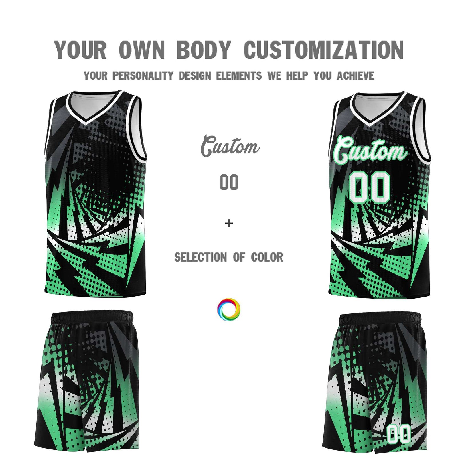 Custom Youth Basketball Jerseys Black Green Lightning Design Halftone Personalized Uniforms