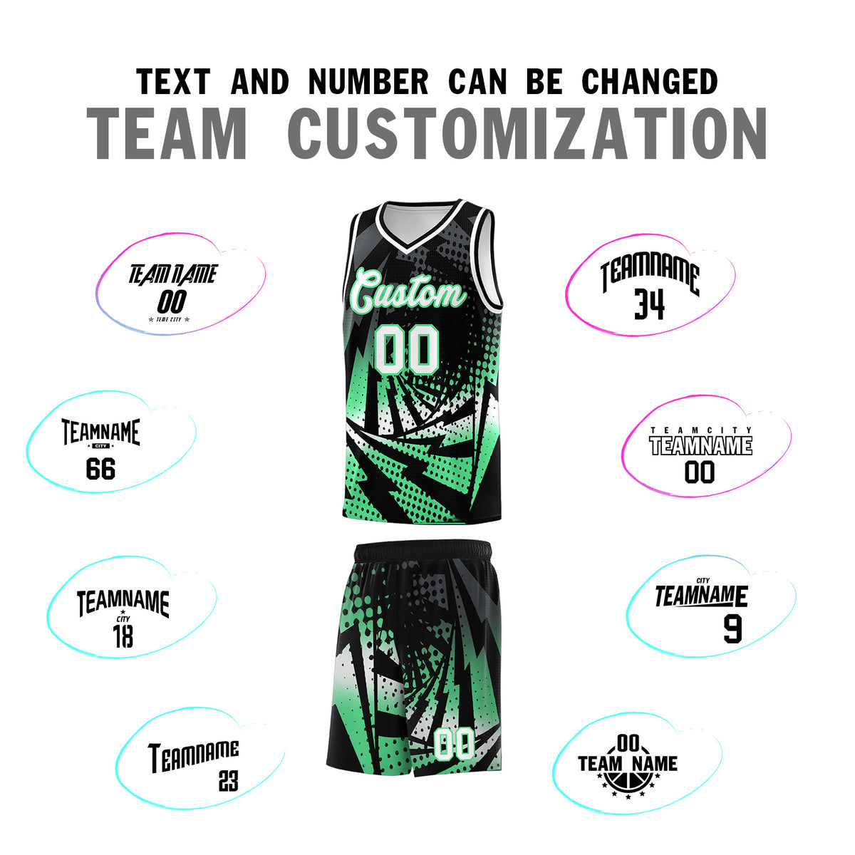 Custom Youth Basketball Jerseys Black Green Lightning Design Halftone Personalized Uniforms
