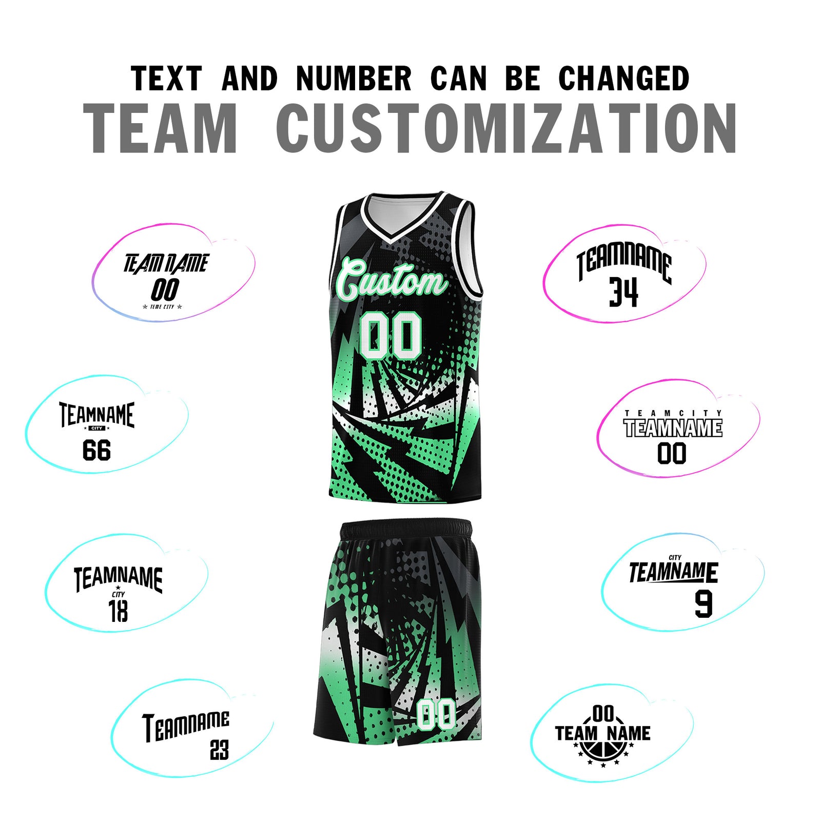 Custom Youth Basketball Jerseys Black Green Lightning Design Halftone Personalized Uniforms
