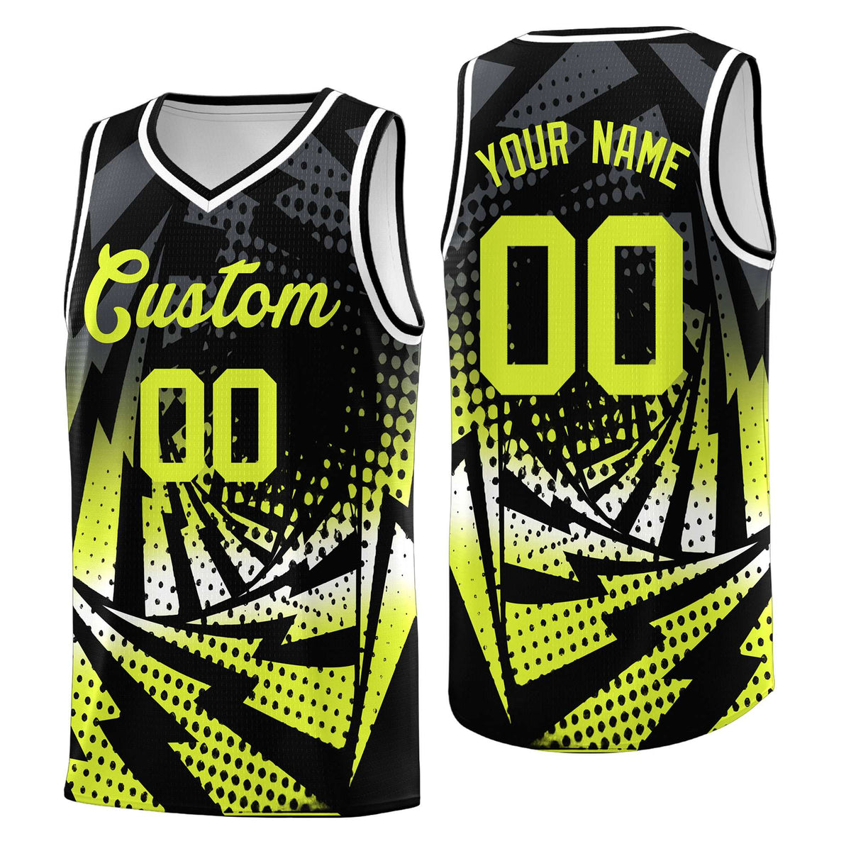 Custom Youth Basketball Jerseys Black Fluorescent Green Lightning Halftone Personalized Team Uniforms
