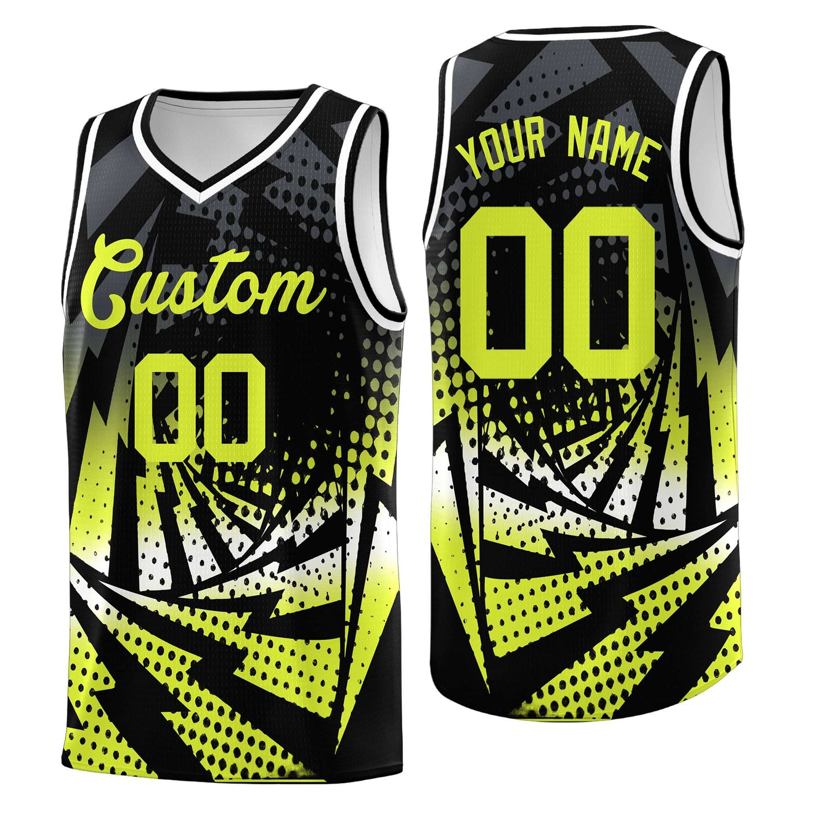 Custom Youth Basketball Jerseys Black Fluorescent Green Lightning Halftone Personalized Team Uniforms