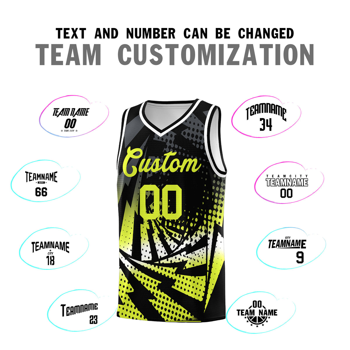 Custom Youth Basketball Jerseys Black Fluorescent Green Lightning Halftone Personalized Team Uniforms