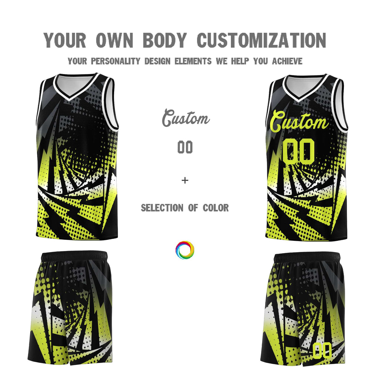 Custom Youth Basketball Jerseys Black Fluorescent Green Lightning Halftone Personalized Team Uniforms