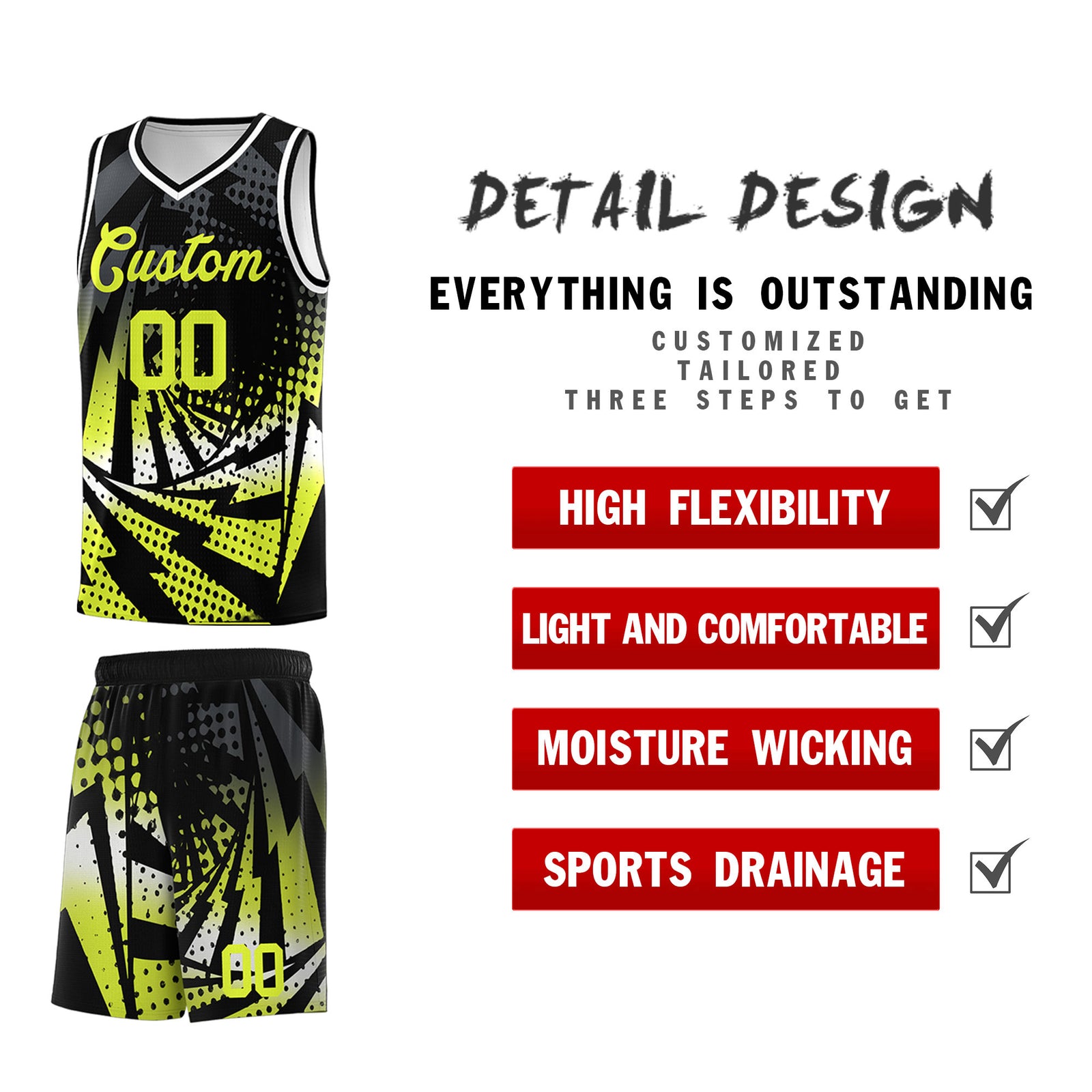 Custom Youth Basketball Jerseys Black Fluorescent Green Lightning Halftone Personalized Team Uniforms
