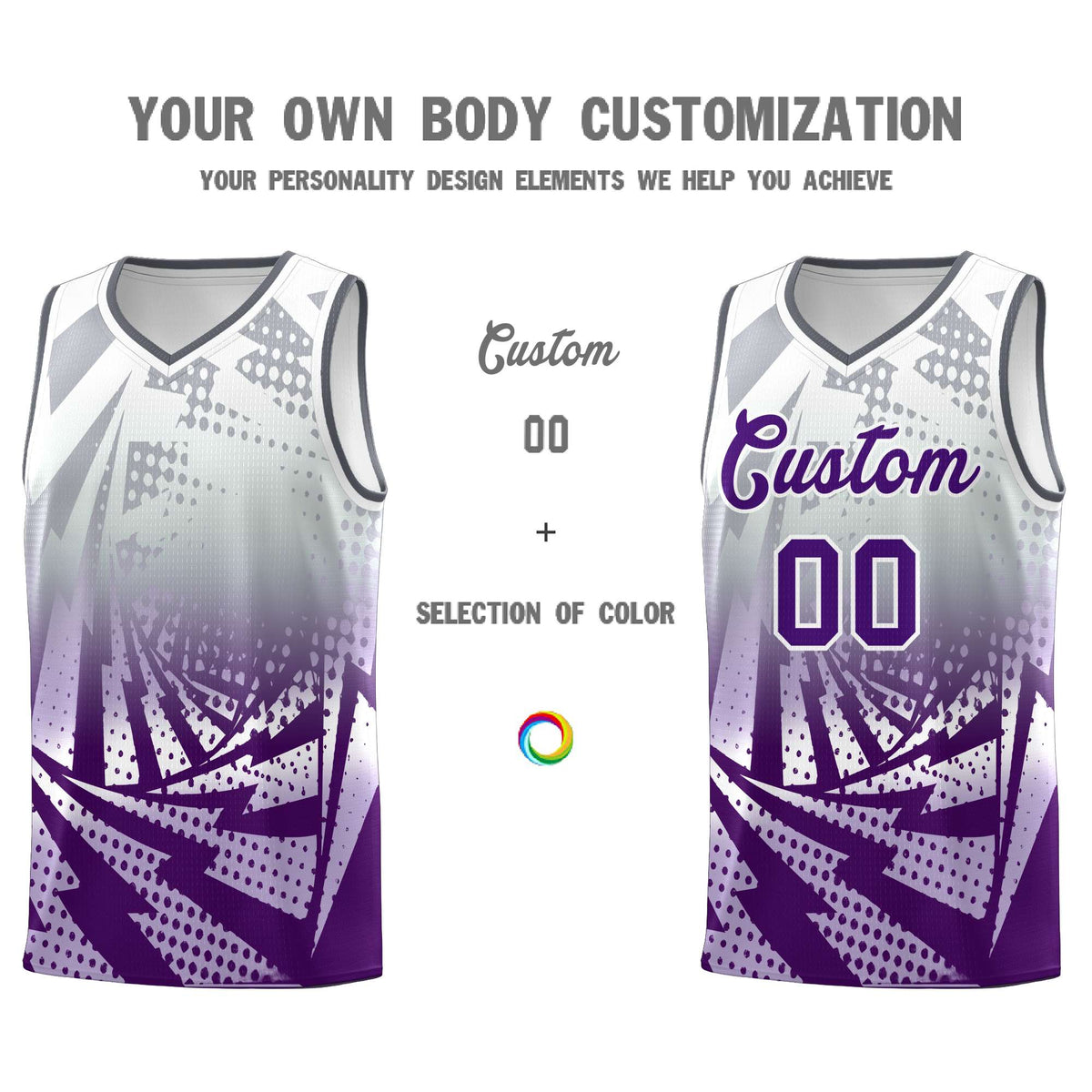 Custom Youth Basketball Jerseys Silver Gray Purple Lightning Design Halftone Personalized Uniforms