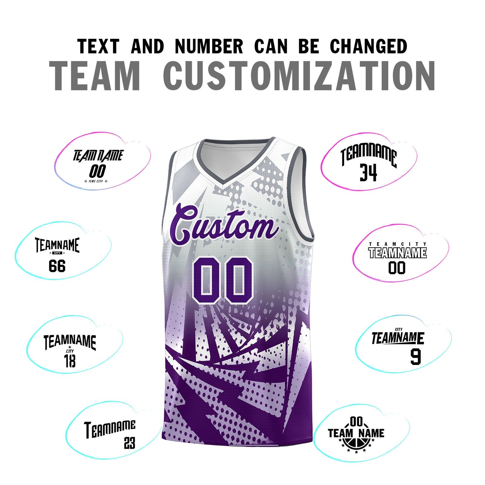 Custom Youth Basketball Jerseys Silver Gray Purple Lightning Design Halftone Personalized Uniforms