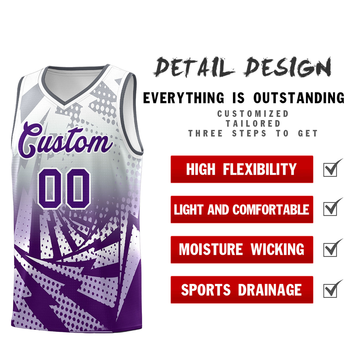 Custom Youth Basketball Jerseys Silver Gray Purple Lightning Design Halftone Personalized Uniforms