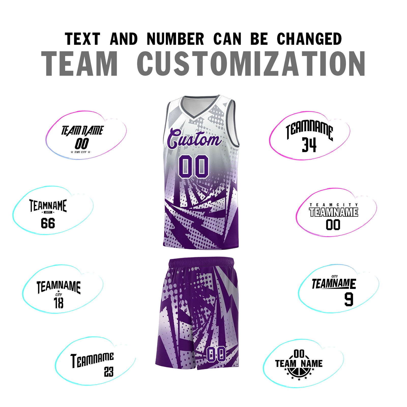 Custom Youth Basketball Jerseys Silver Gray Purple Lightning Design Halftone Personalized Uniforms