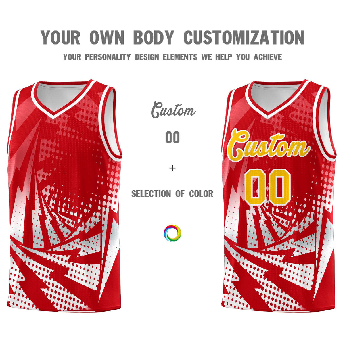 Custom Youth Basketball Jerseys Red White Lightning Halftone Personalized Team Uniforms