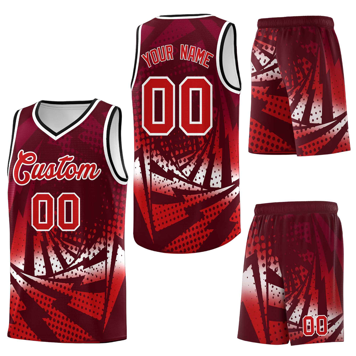 Custom Maroon Red Lightning Halftone Dot Design Drapable Uniform Basketball Jersey