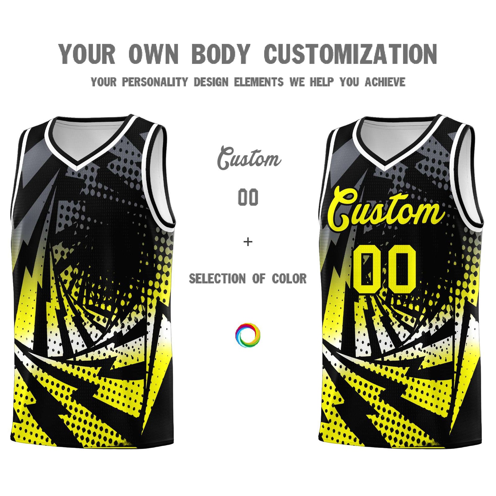 Custom Youth Basketball Jerseys Black Fluorescent Yellow Lightning Design Halftone Personalized Uniforms