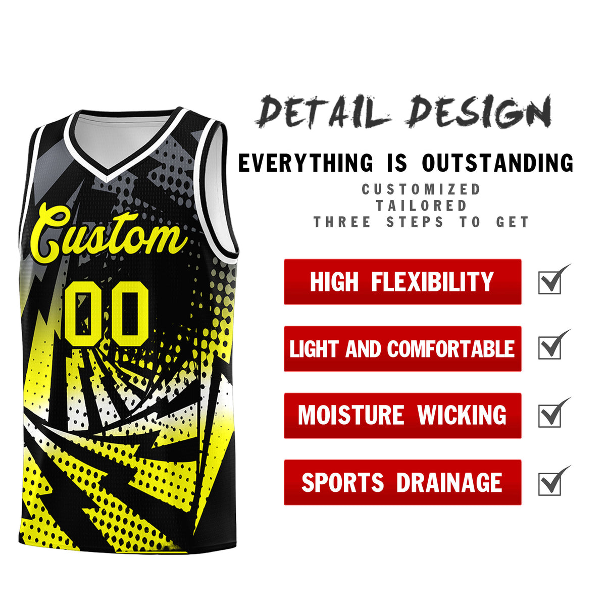 Custom Youth Basketball Jerseys Black Fluorescent Yellow Lightning Design Halftone Personalized Uniforms