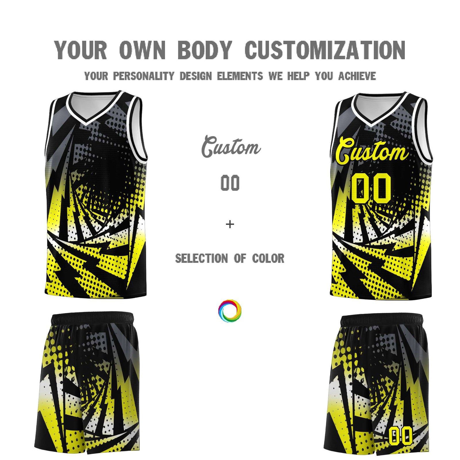 Custom Youth Basketball Jerseys Black Fluorescent Yellow Lightning Design Halftone Personalized Uniforms