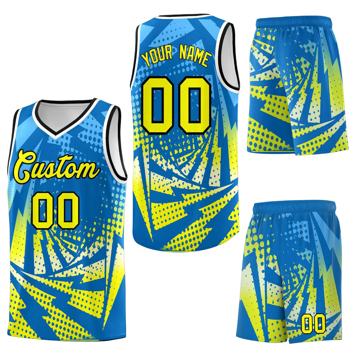 Custom Light Blue Fluorescent Yellow Lightning Halftone Dot Design Lightweight Uniform Basketball Jersey