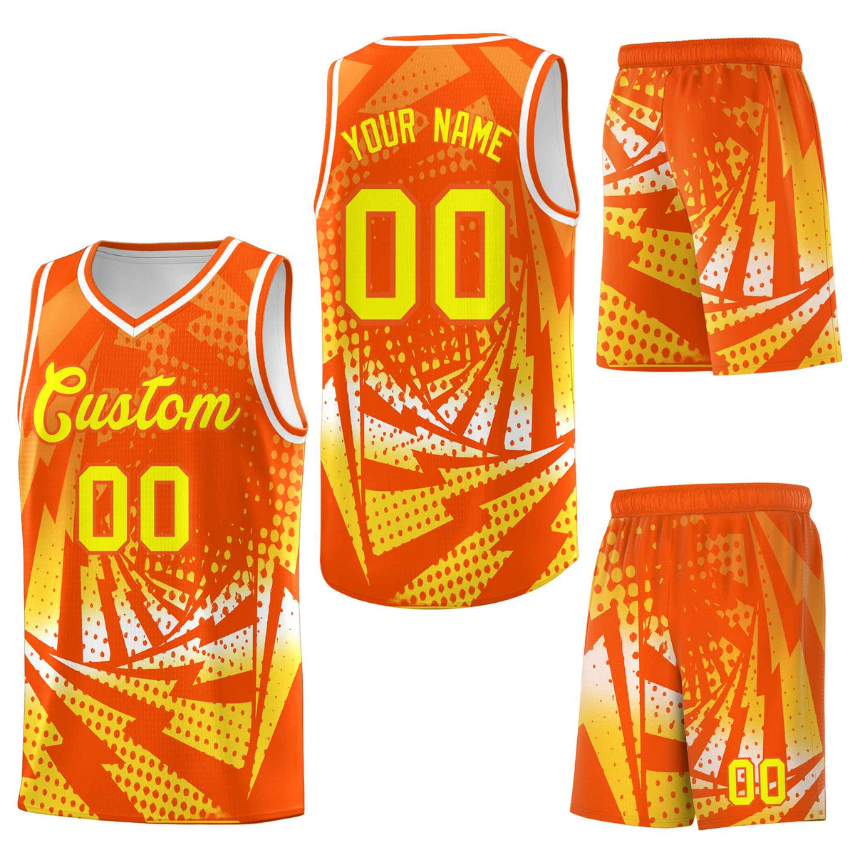 Custom Orange Gold Lightning Halftone Dot Design Wrinkle-Resistant Uniform Basketball Jersey