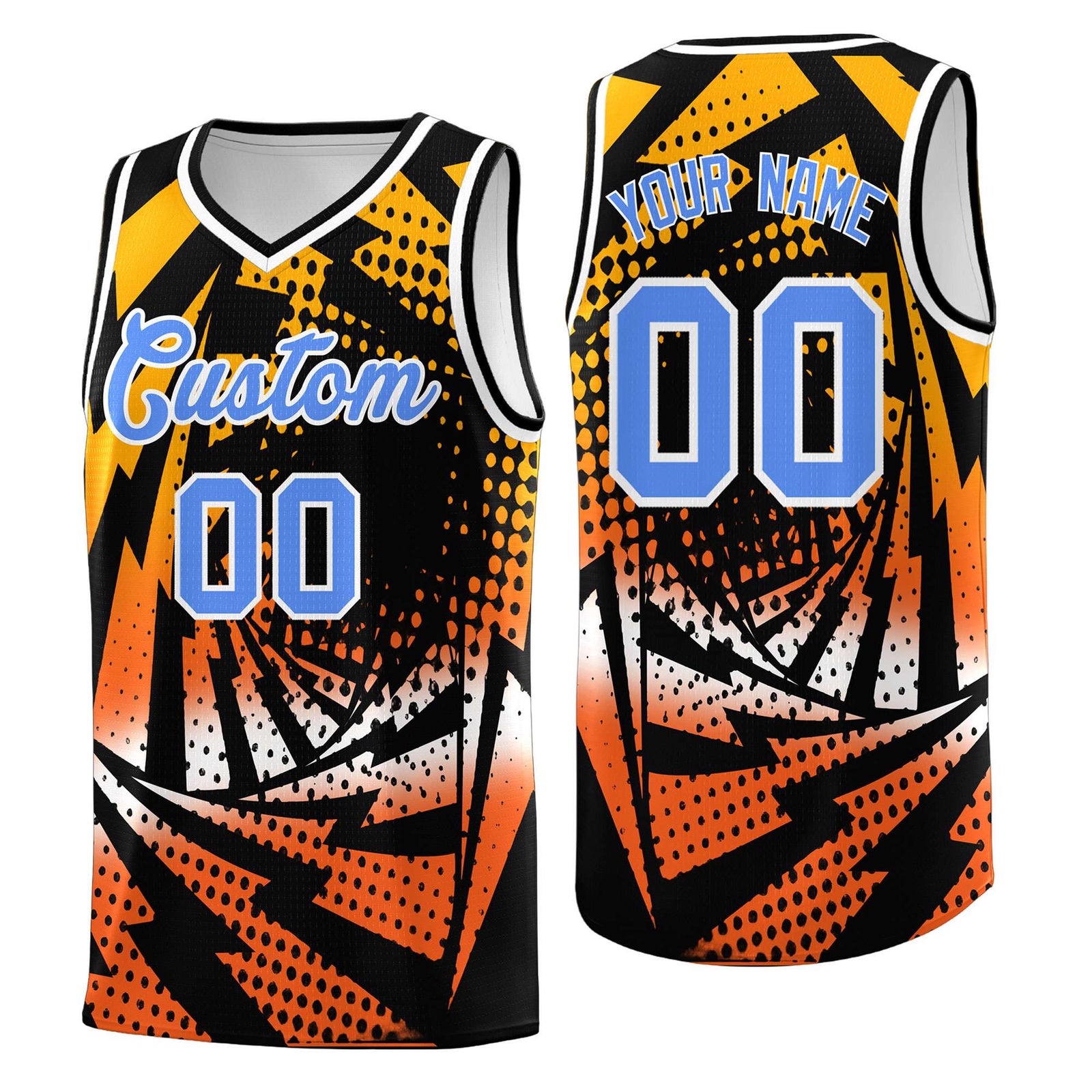 Custom Youth Basketball Jerseys Black Orange Lightning Design Halftone Personalized Uniforms