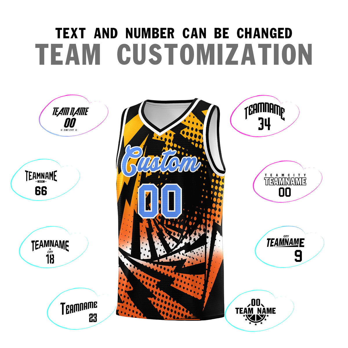 Custom Youth Basketball Jerseys Black Orange Lightning Design Halftone Personalized Uniforms