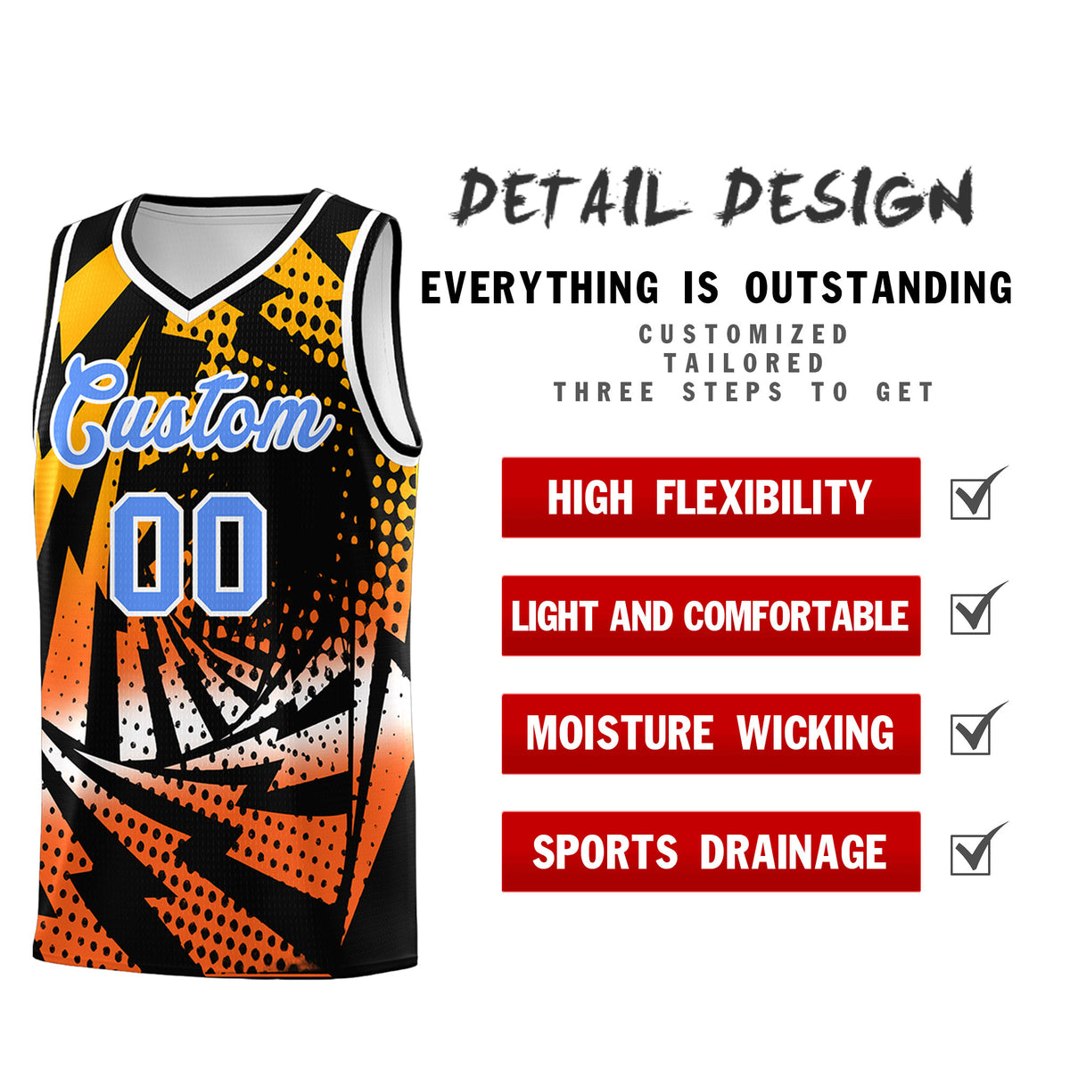 Custom Youth Basketball Jerseys Black Orange Lightning Design Halftone Personalized Uniforms