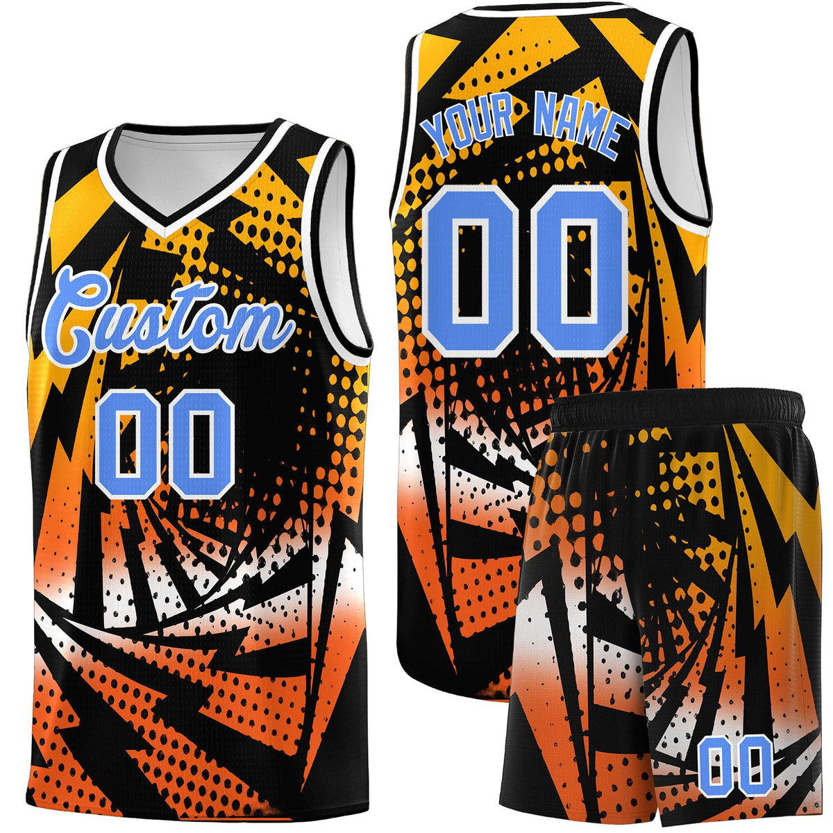 Custom Youth Basketball Jerseys Black Orange Lightning Design Halftone Personalized Uniforms