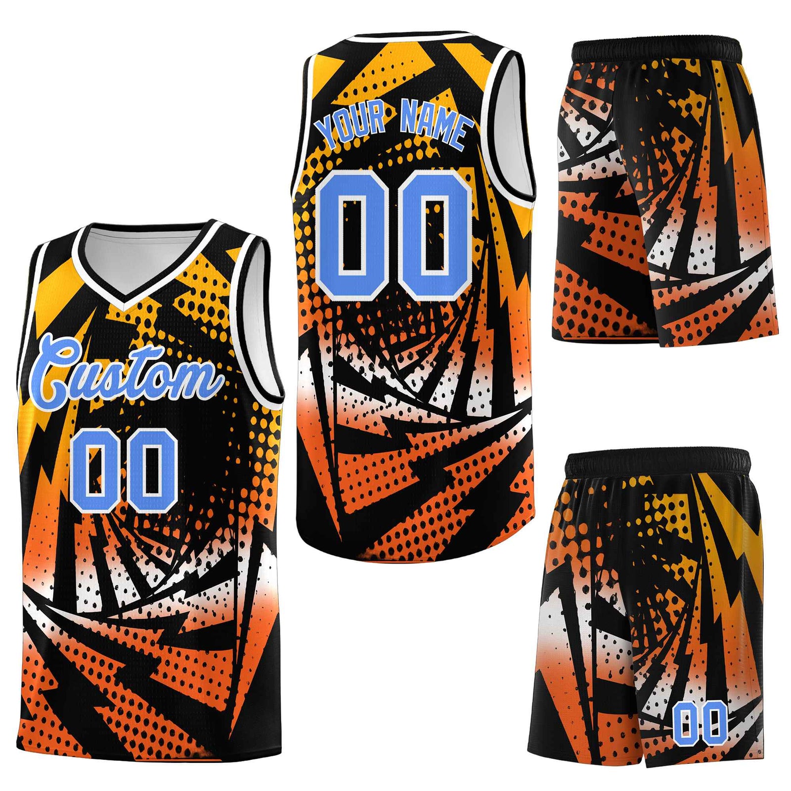 Custom Black Orange Lightning Halftone Dot Design Drapable Uniform Basketball Jersey