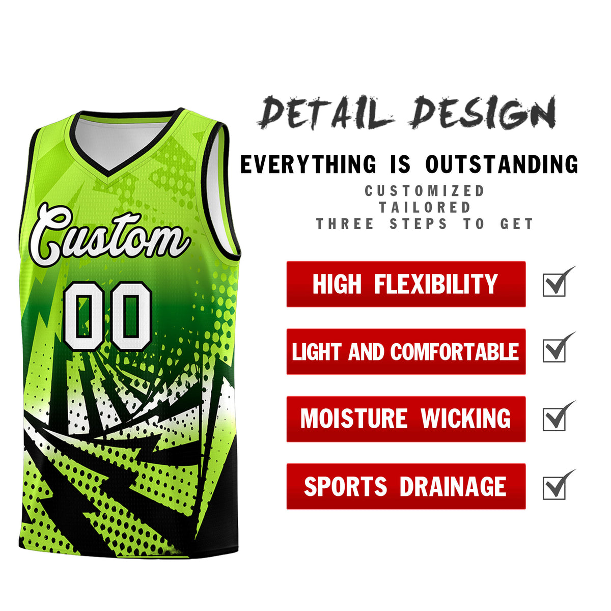 Custom Youth Basketball Jerseys Neon Green Black Lightning Halftone Personalized Team Uniforms