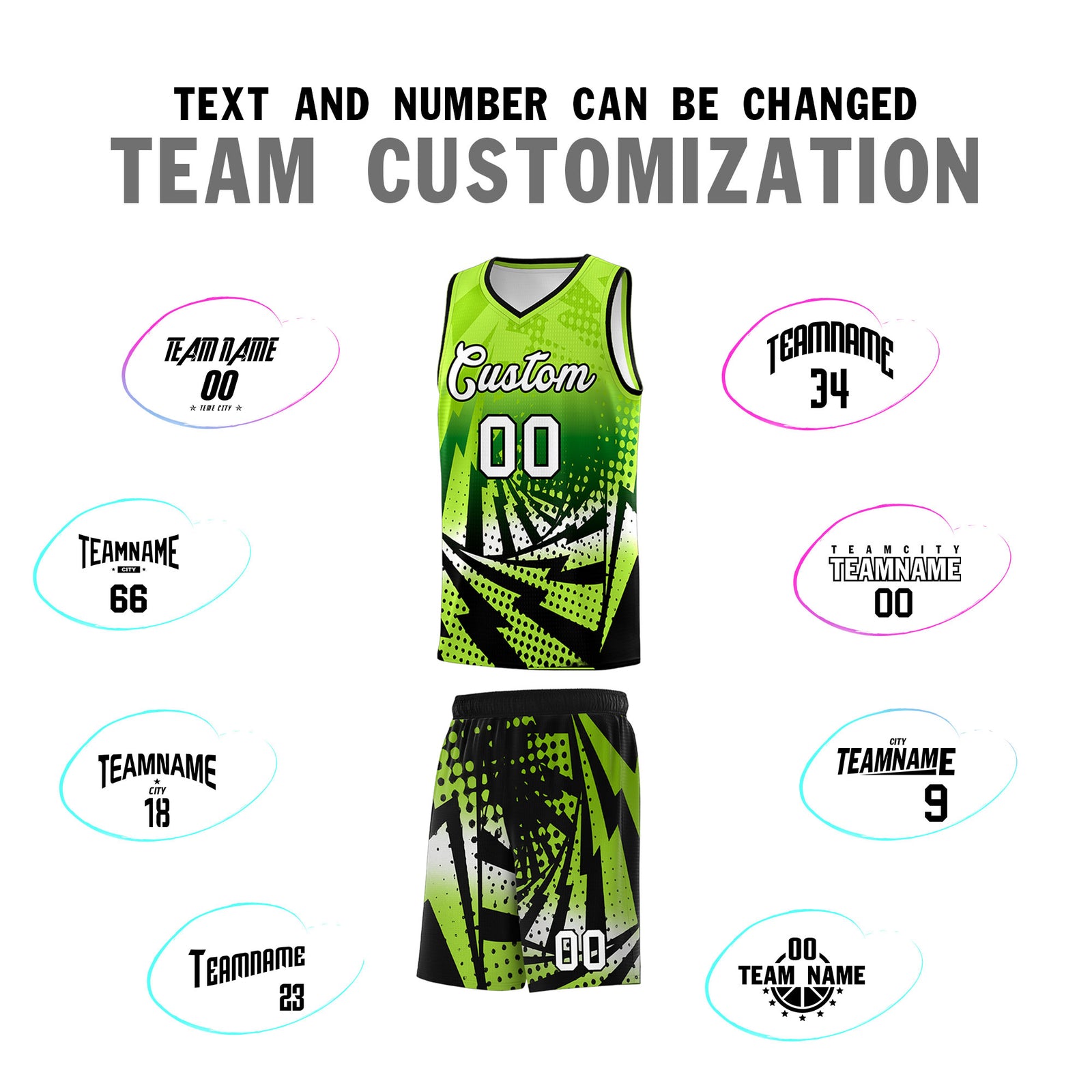 Custom Youth Basketball Jerseys Neon Green Black Lightning Halftone Personalized Team Uniforms