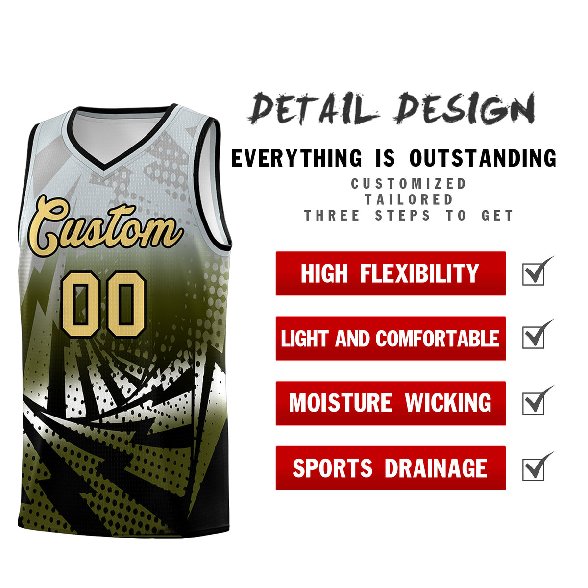 Custom Youth Basketball Jerseys Silver Gray Olive Lightning Design Halftone Personalized Uniforms