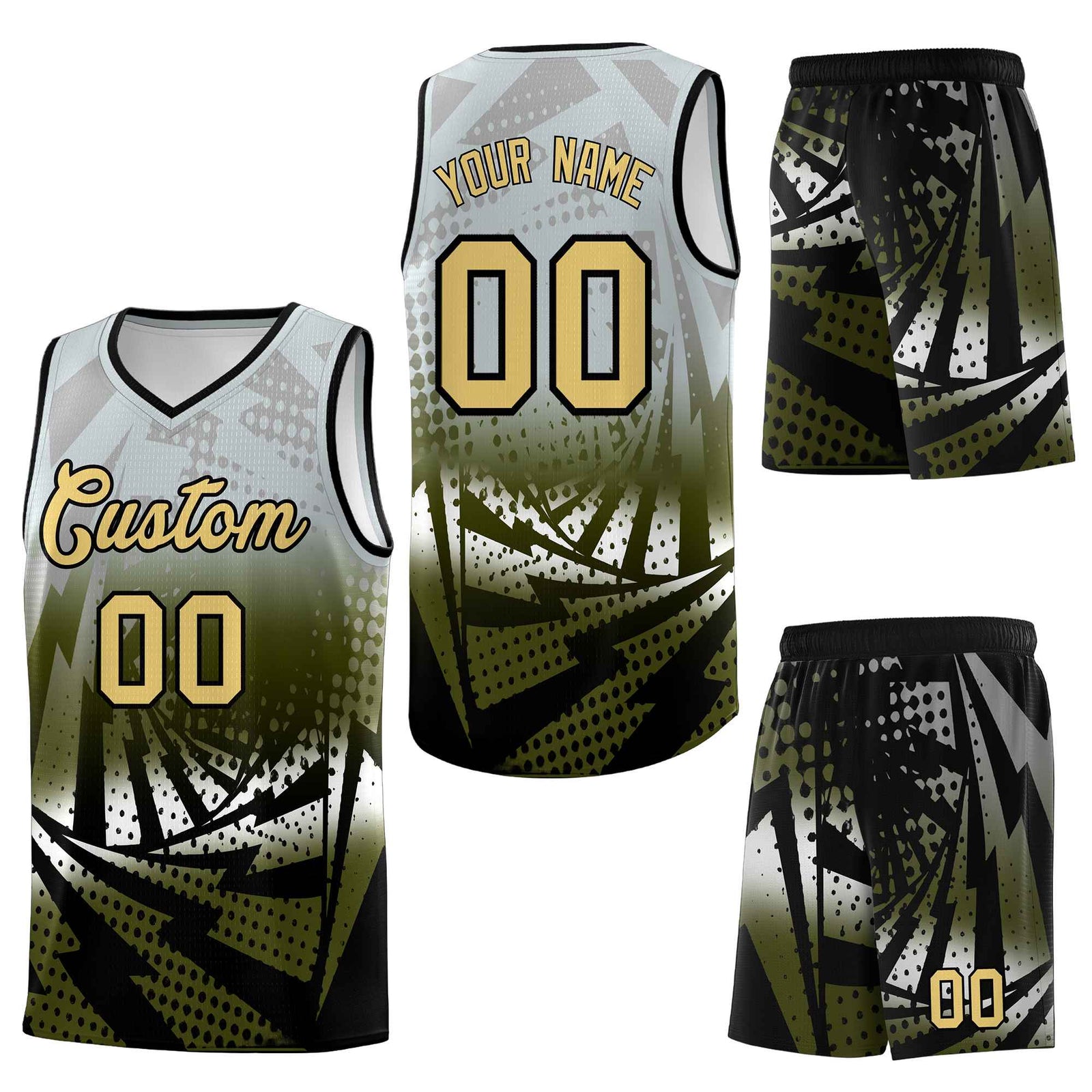 Custom Silver Gray Olive Lightning Halftone Dot Design Wrinkle-Resistant Uniform Basketball Jersey