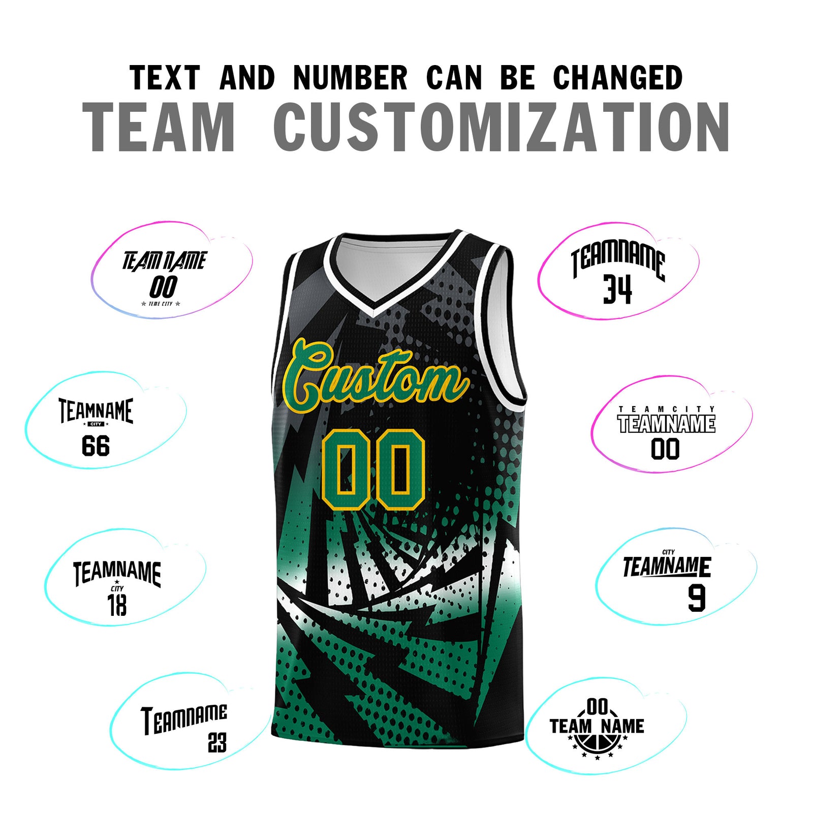 Custom Youth Basketball Jerseys Black Kelly Green Lightning Design Halftone Personalized Uniforms