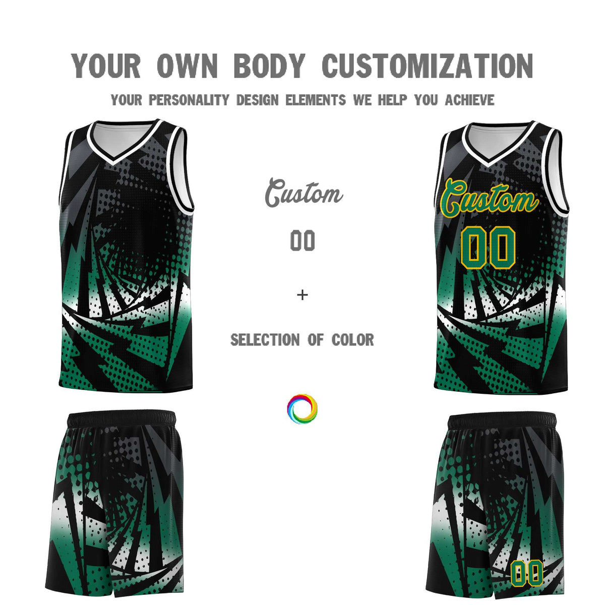 Custom Youth Basketball Jerseys Black Kelly Green Lightning Design Halftone Personalized Uniforms