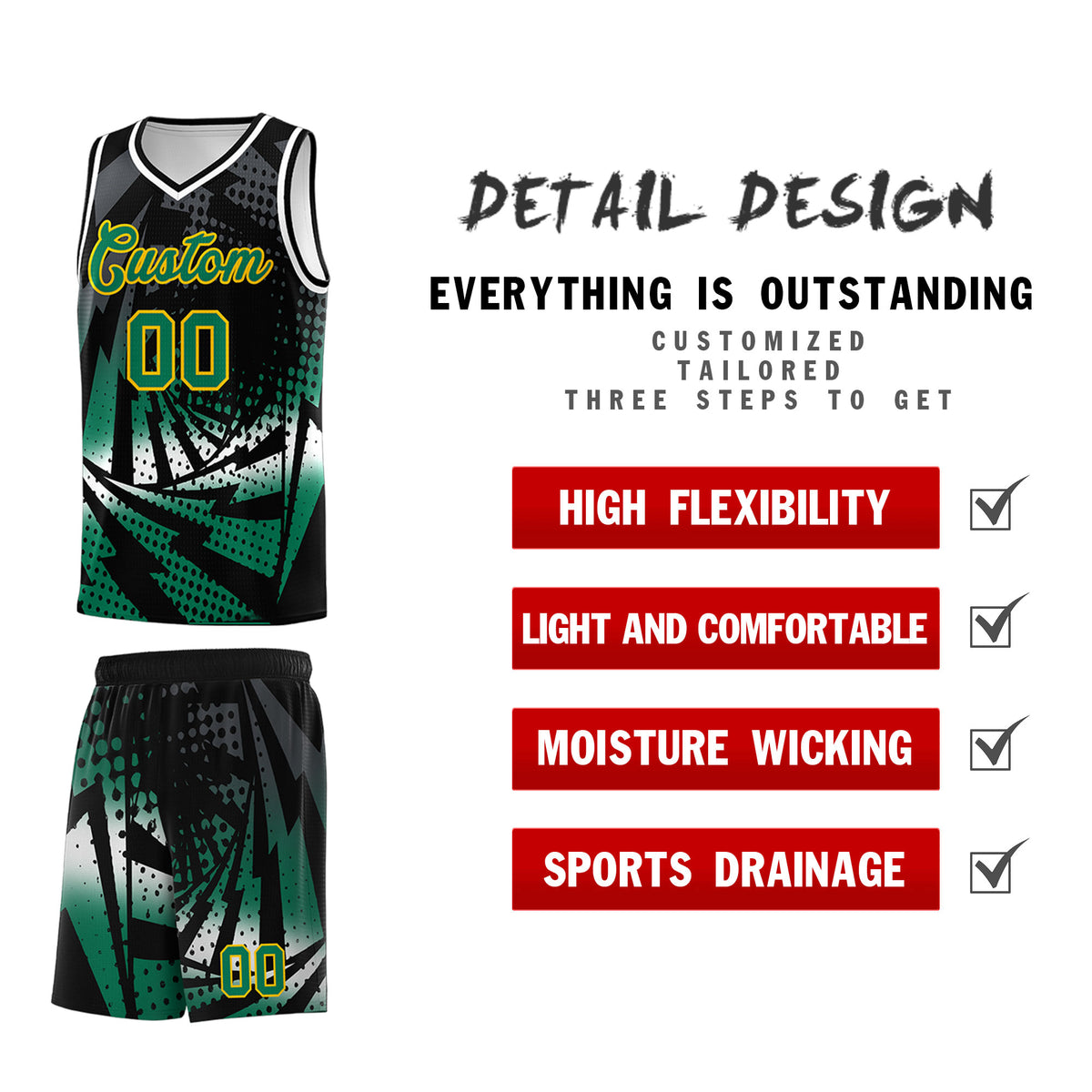 Custom Youth Basketball Jerseys Black Kelly Green Lightning Design Halftone Personalized Uniforms