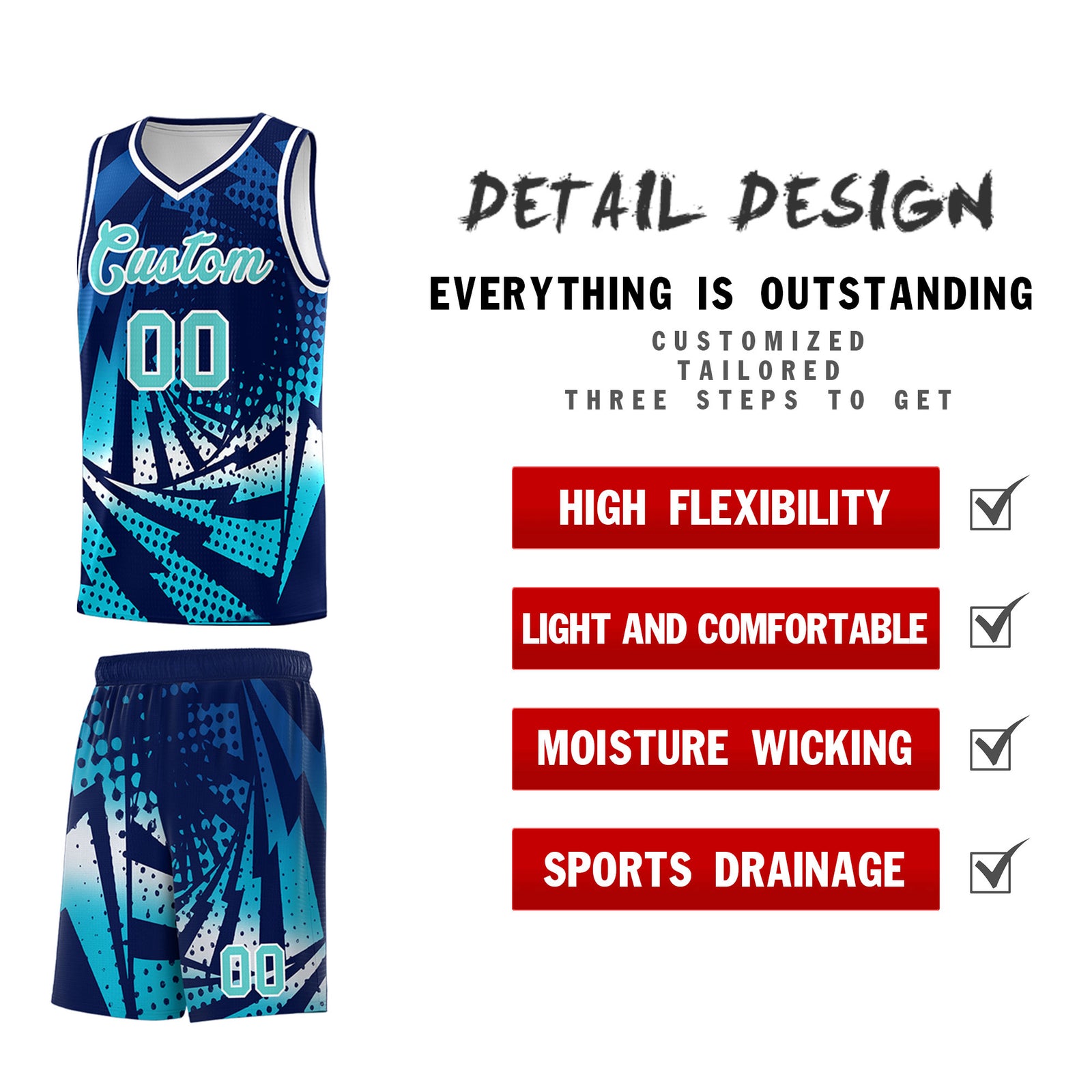 Custom Youth Basketball Jerseys Navy Sky Blue Lightning Halftone Personalized Team Uniforms